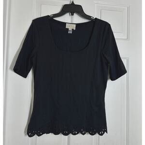Cache Women's Black Scallop Eyelet Laser Cutout Hem Top Romantic Delicate Chic L